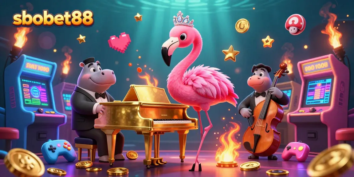Experience vibrant sbobet88 action with a flamingo piano performer and hippo bassist in a dynamic casino scene.