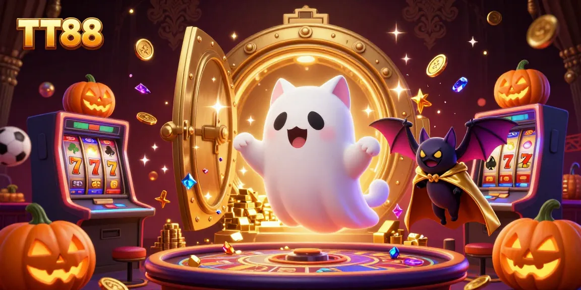 Experience the thrill of TT88 with a ghost cat and treasure in a dynamic casino scene.