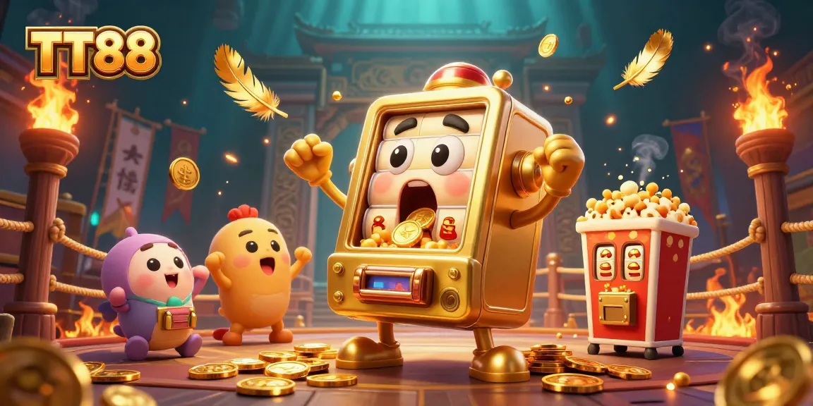 TT88 slot machine surprises players with jackpot, surrounded by cheering mini-machines and popcorn.