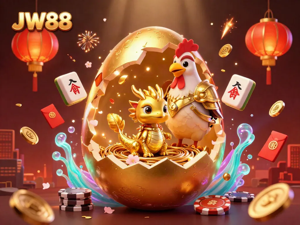 Play big and win at JW88 with a golden dragon guarding poker chips and vibrant casino elements.