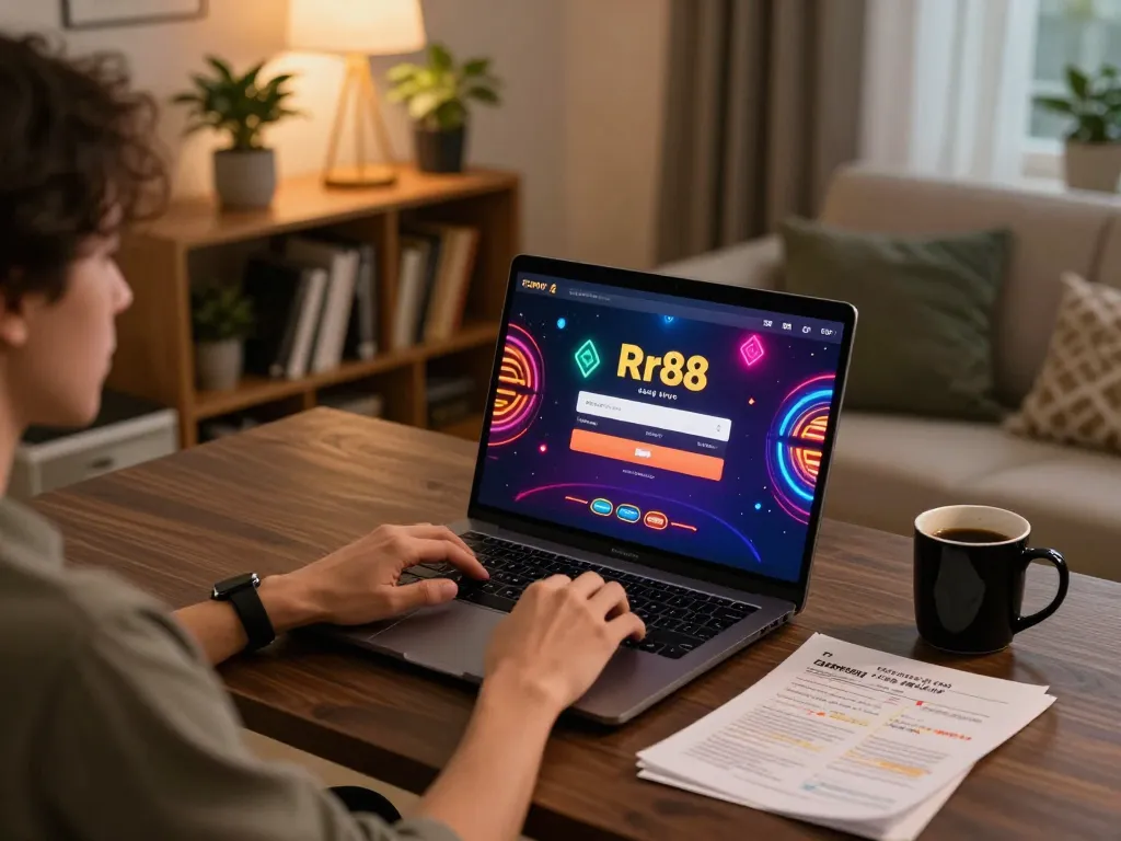 Rr88 dang nhap login screen on laptop as a player engages in online gambling strategies in a cozy home office setting.