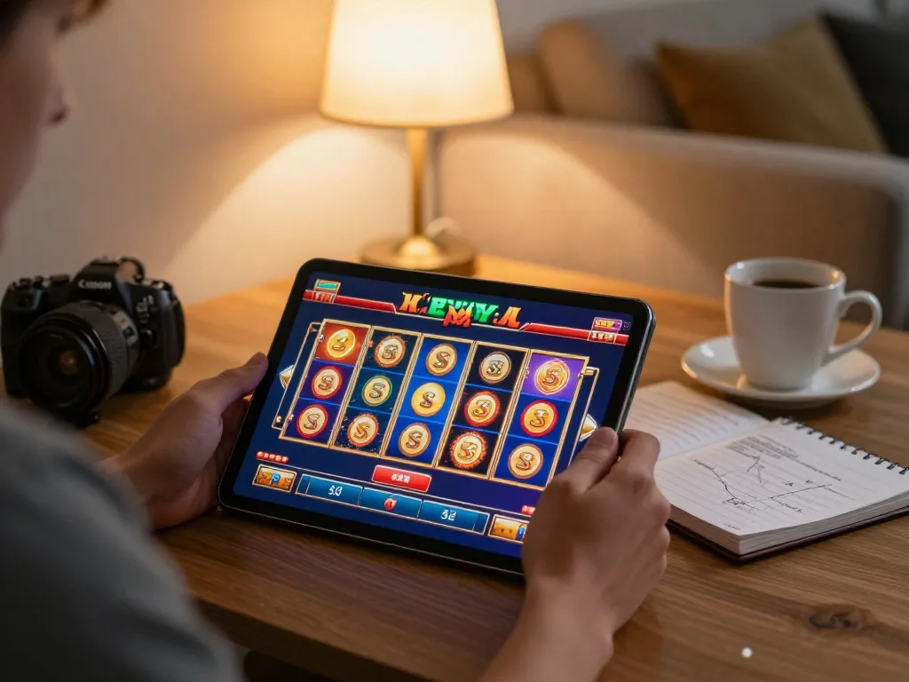 Engaging player using 8K8 tablet for online casino slots in a cozy home setting.