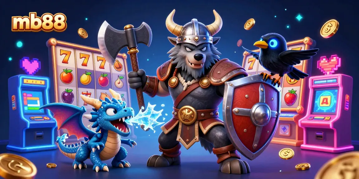 Play exciting slots at mb88 with a Viking warrior, fierce dragon, and vibrant casino elements.