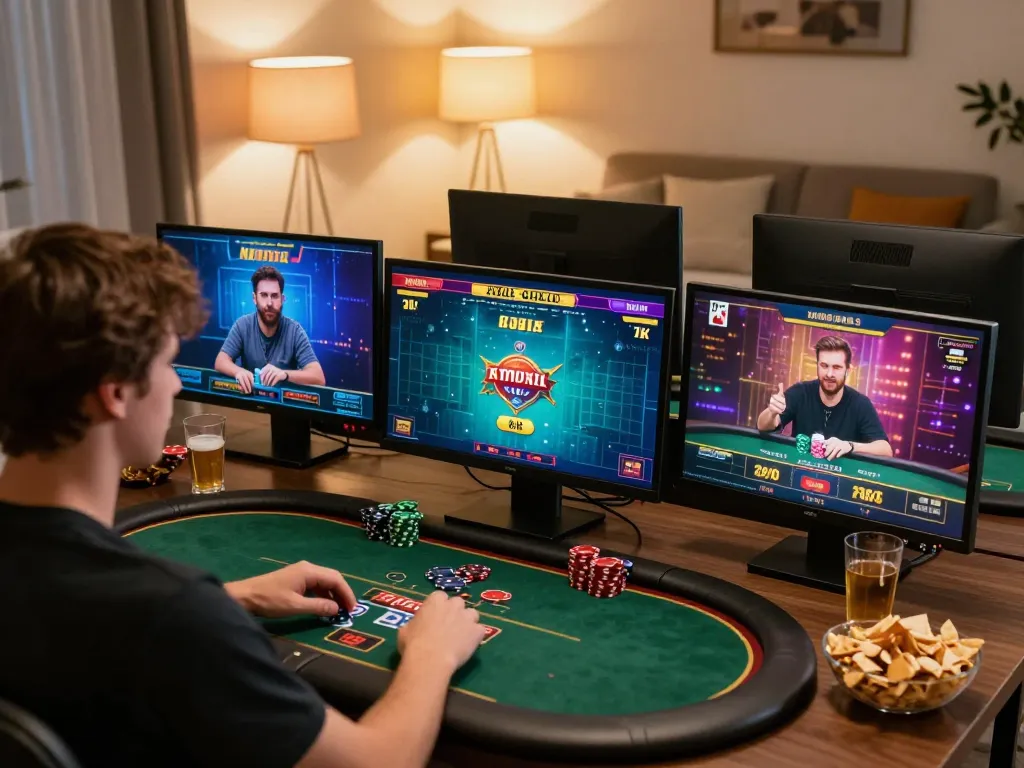 Engaging in strategic gameplay at Sky88 Club online casino setup with multiple screens.