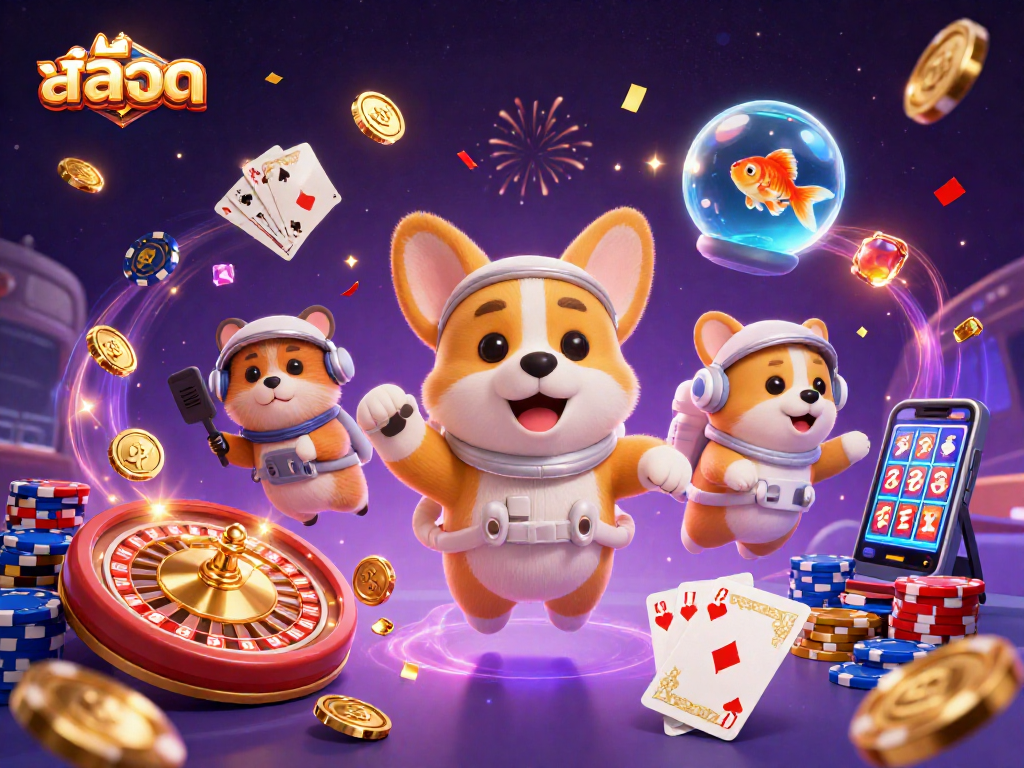 Experience exciting สล็อตออนไลน์ gameplay as the astronaut corgi navigates a floating casino scene filled with treasures.