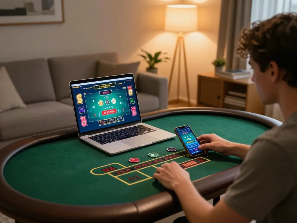 LU88 player enjoying a live dealer game on a laptop in a cozy living room setting