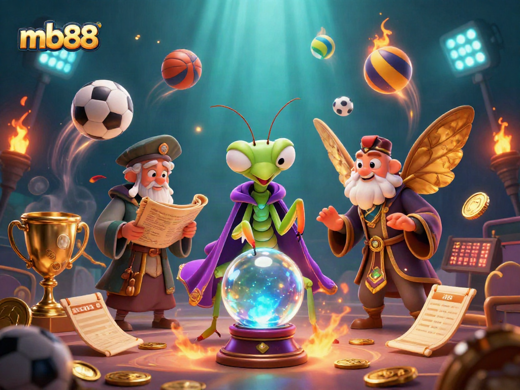 Engage in mb88 betting excitement with a fortune teller and sports elements in a mesmerizing scene.