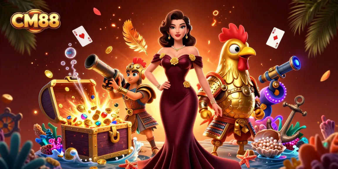 Experience thrilling gameplay action at CM88 featuring a glamorous woman and golden rooster warrior.