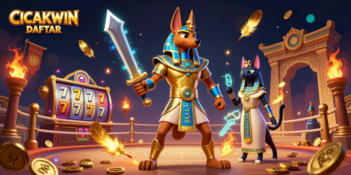 CICAKWIN DAFTAR showcases a vibrant casino scene featuring Anubis, golden slot reels, and dynamic betting tokens.