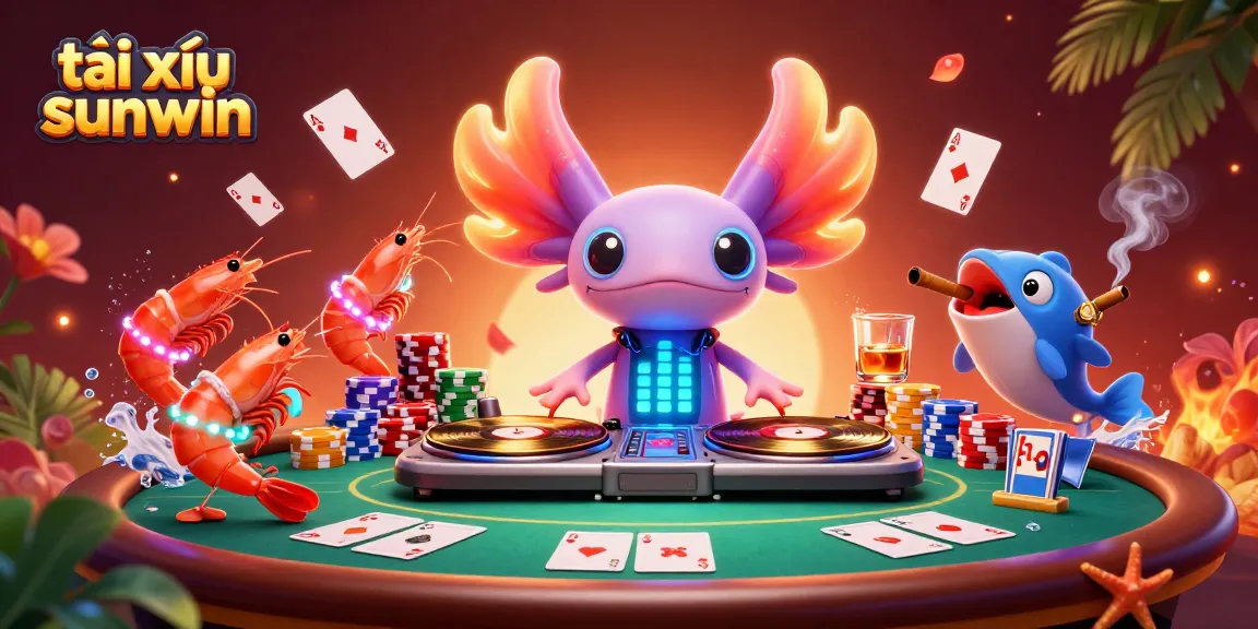 Play tài xỉu sunwin with vibrant elements, featuring a neon axolotl DJ and lively shrimp in a dynamic scene.