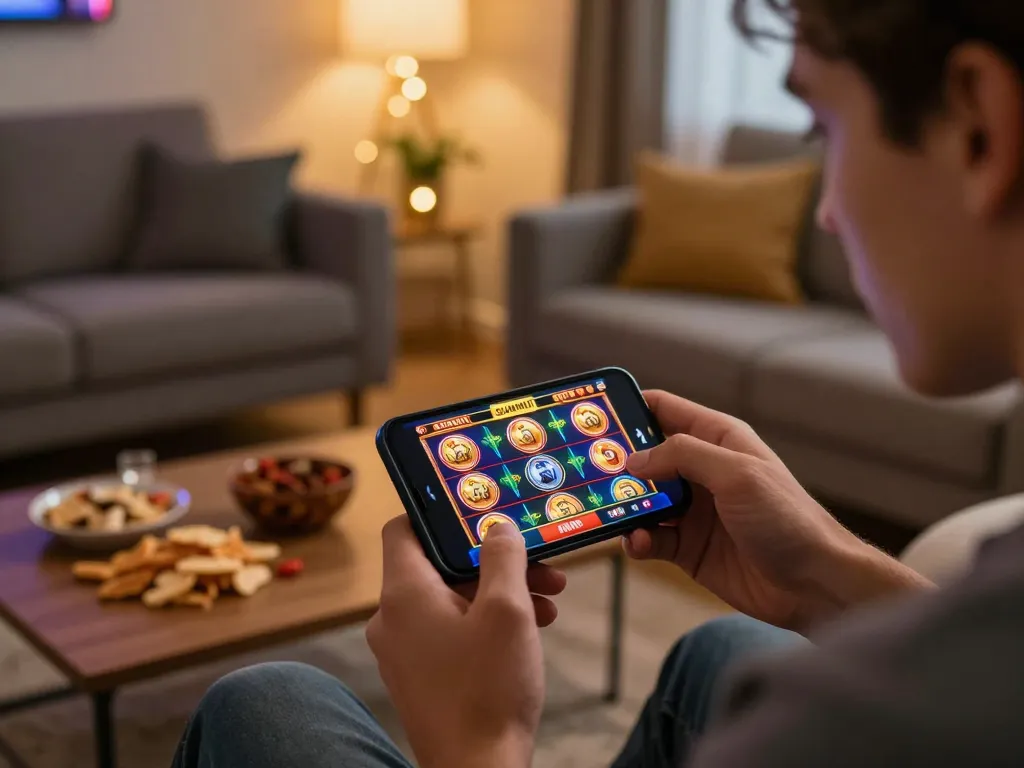 Player enjoying a slot game on the Sunwin app in a cozy home setting, emphasizing fun and responsible gaming.