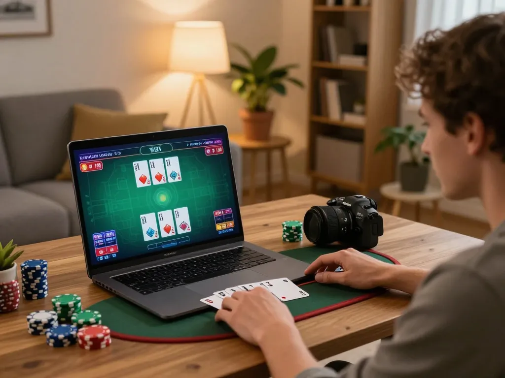 Player enjoys online blackjack at home, fully engaged in gameplay on laptop, promoting responsible gaming with 789.