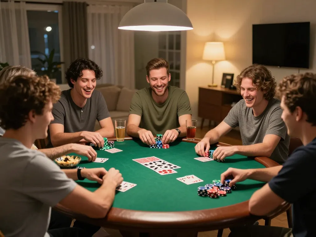 Players enjoying an intense poker game at home, placing bets and sharing strategies on 789win com platform.