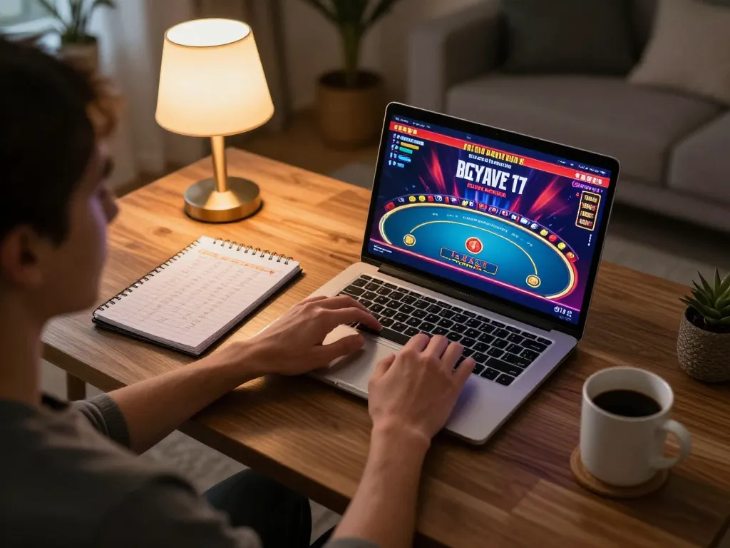 Engaged player at a fast payout casino Australia using laptop for online gaming with a cozy setup.