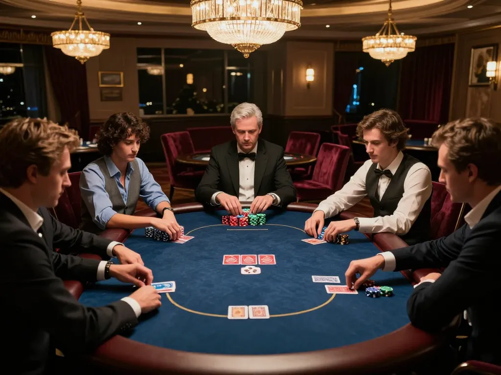 Engaging poker strategy at du 88, players in elegant attire with chips and cards amidst luxurious room ambiance.