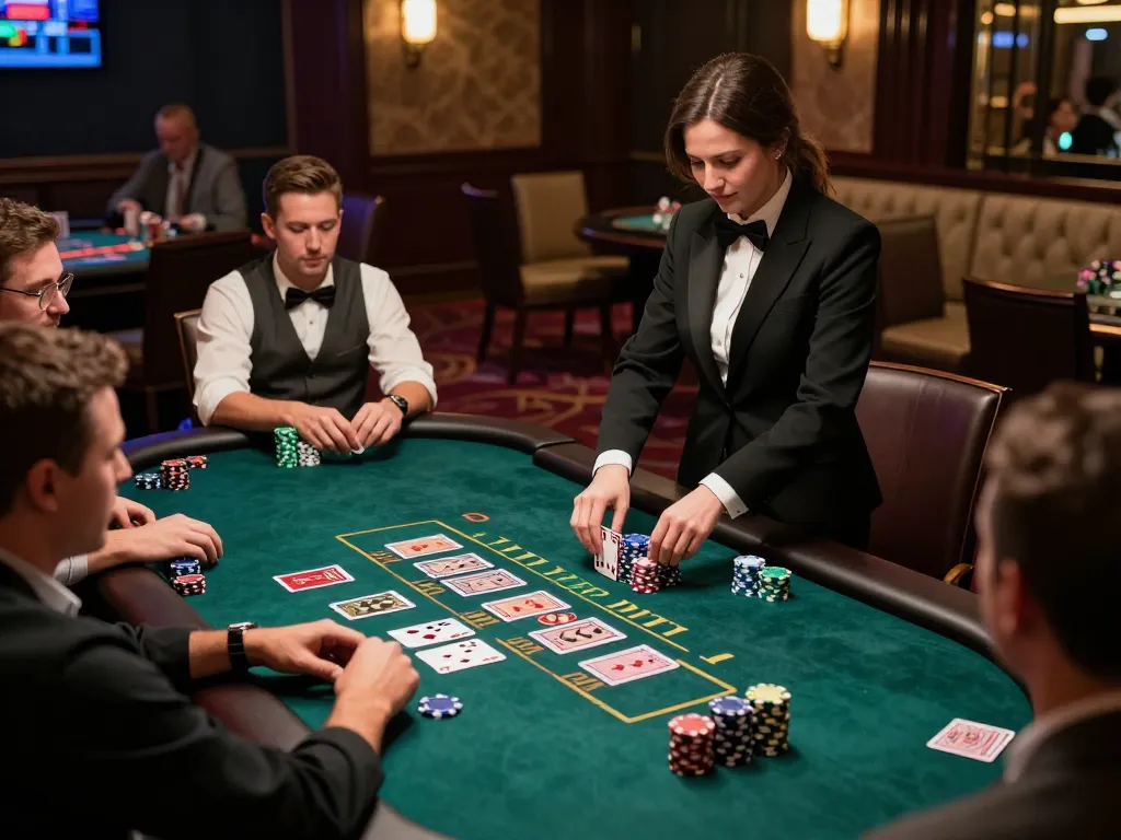 go88 live blackjack game with players engaged and dealer shuffling cards in an upscale casino setting
