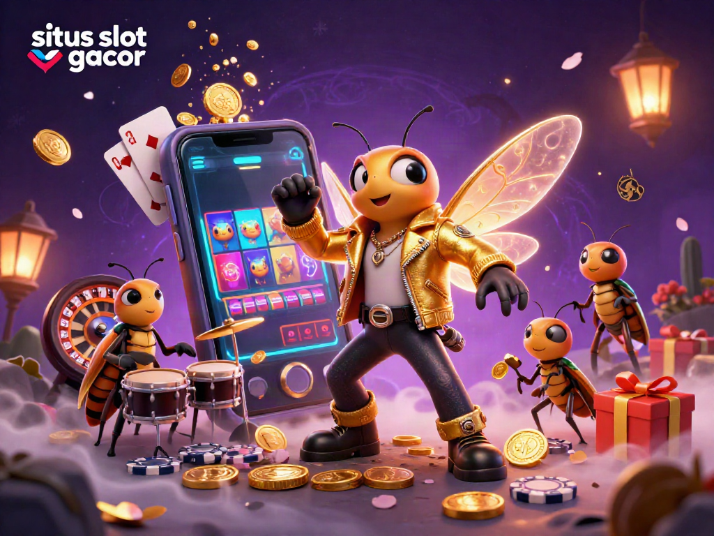 Engage with exciting slots at situs slot gacor featuring a vibrant 3D cartoon scene with gambling elements.
