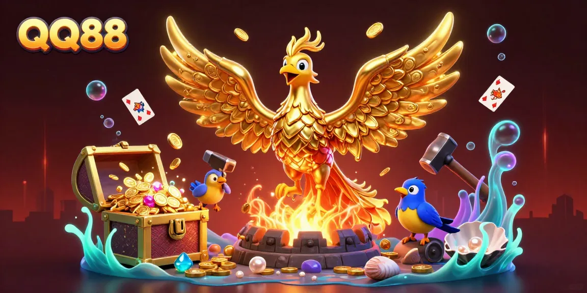 Experience thrilling gambling action with QQ88's golden phoenix and treasure-filled adventure.