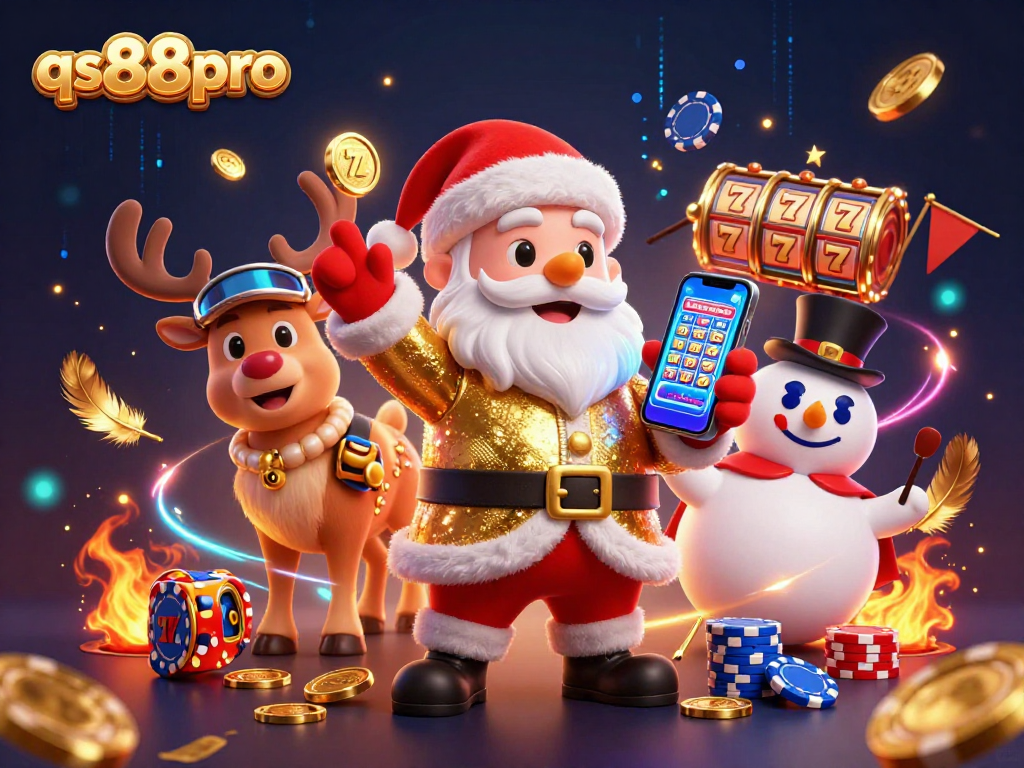 Spin the jackpot slots with qs88pro's festive casino characters in an action-packed scene.