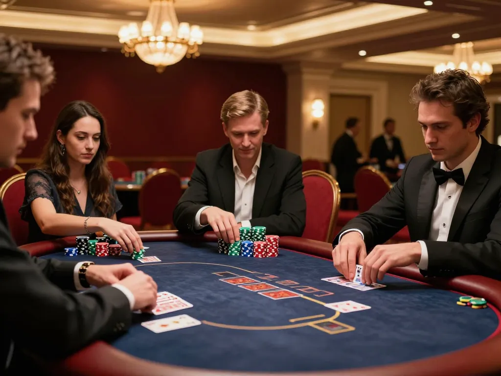 Players engage in a thrilling game of poker at fabet, surrounded by luxurious casino decor and warm lighting.