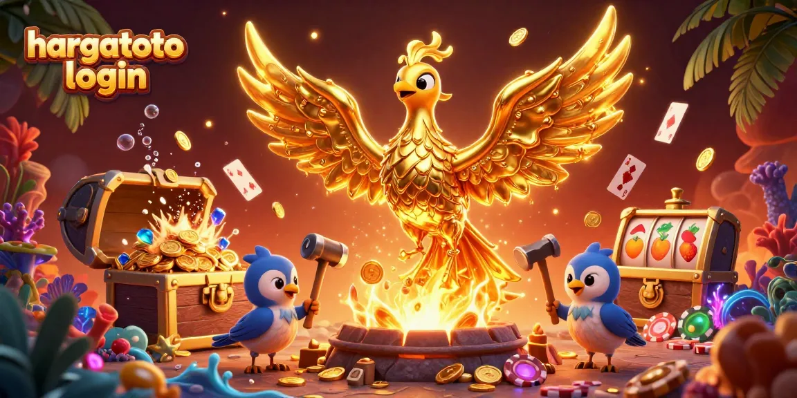 Experience seamless hargatoto login with vibrant game elements and golden treasures in a dynamic 3D illustration.