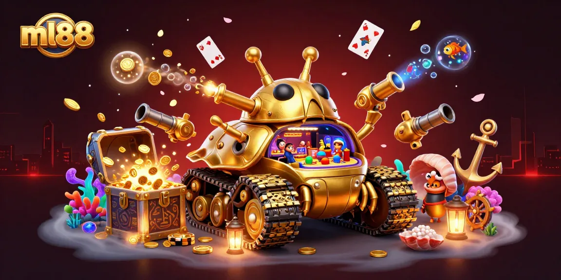 Experience exhilarating wins at ml88 with a stunning 3D casino-themed illustration showcasing vibrant games and visuals.