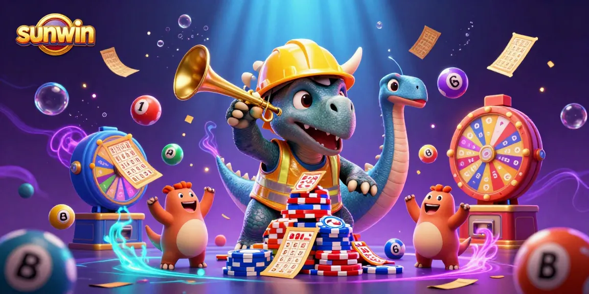 Join the thrilling action at sunwin with vibrant lottery elements and animated casino characters.