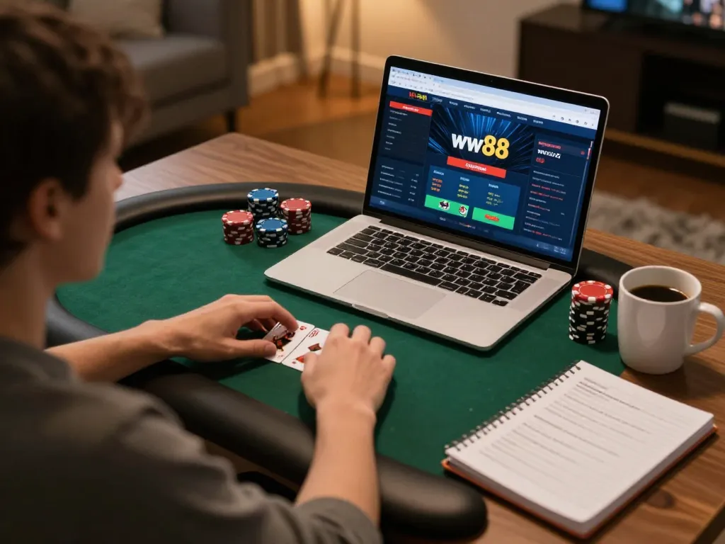 Person gaming on ww88 interface at home, combining strategy and excitement in cozy setting