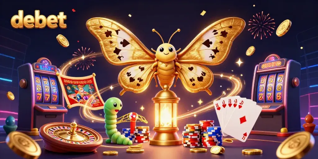 Experience debet's vibrant casino atmosphere with an artistic depiction of golden-winged moths and dynamic game elements.