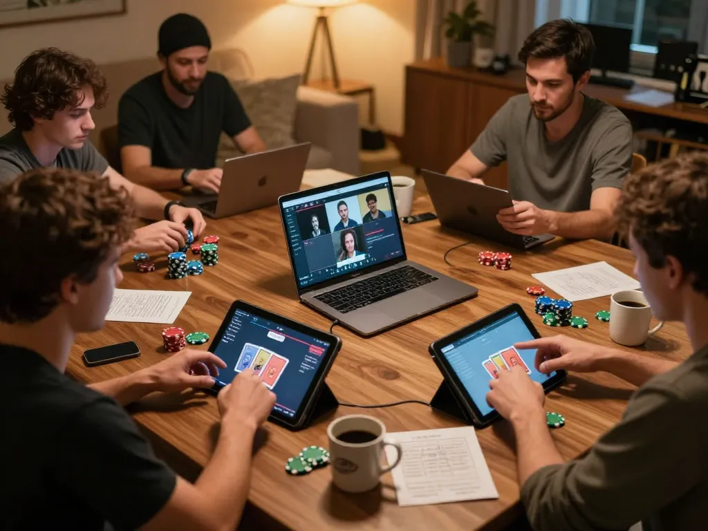 F168 players enjoying an exciting online poker game on their devices in a cozy setting.