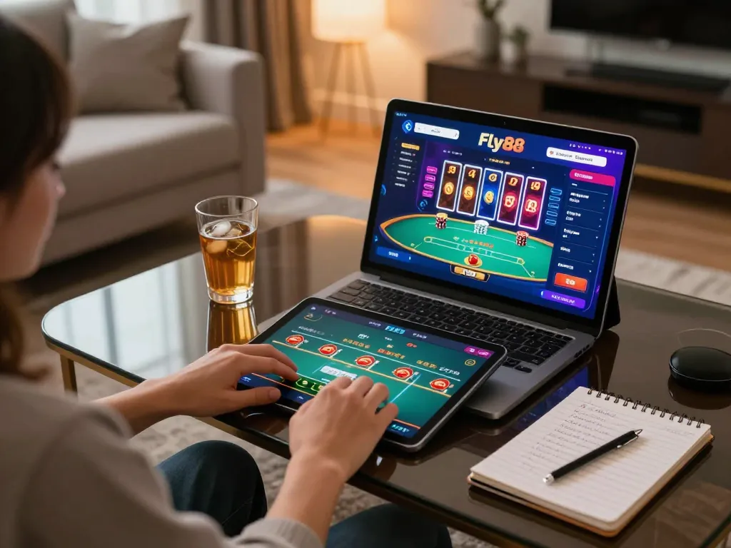 Play casino games on Fly88's engaging interface from a stylish home setup, blending fun with strategy.