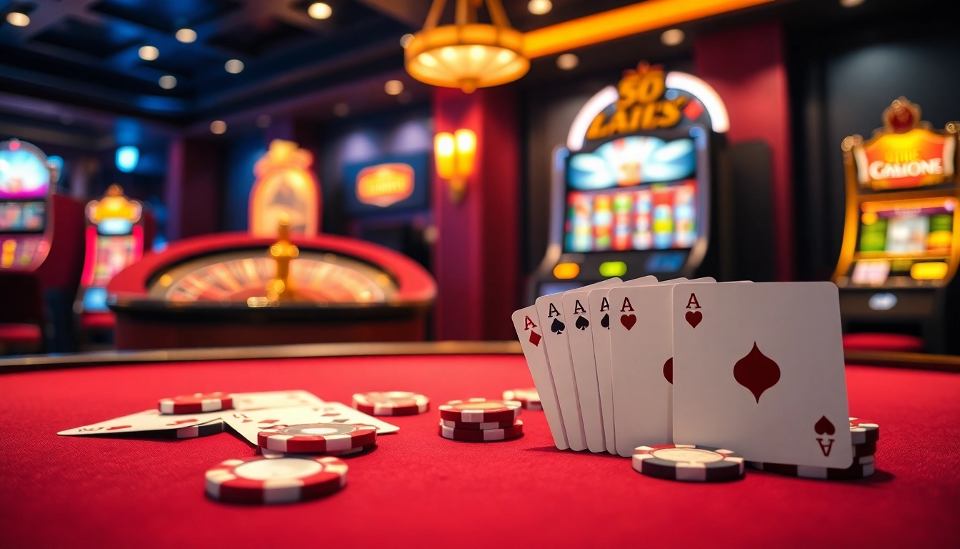 Experience high-stakes gaming at bj66.today with vibrant poker chips and illuminated slot machines.
