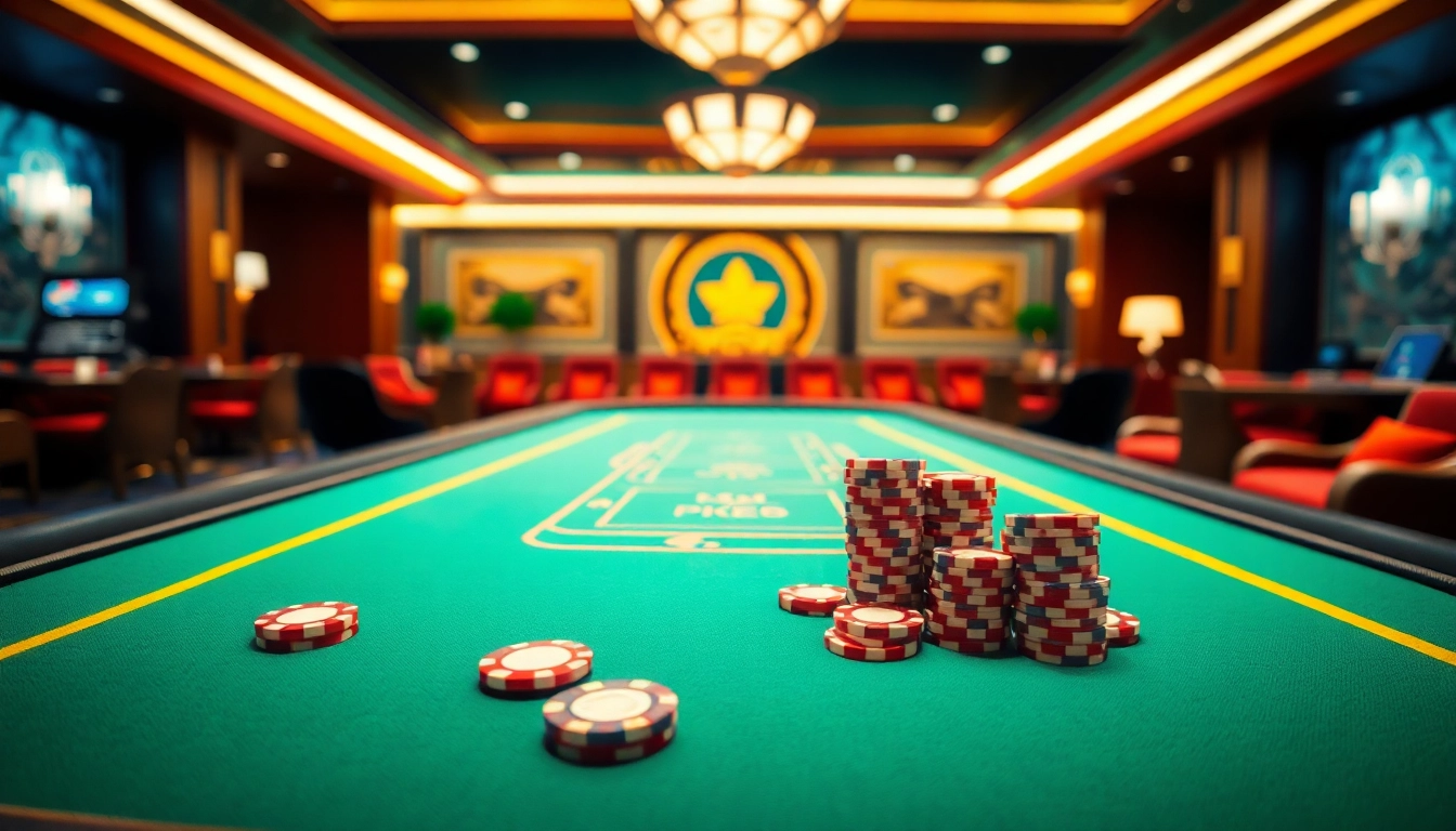 Erleben Sie aufregende casinospiele mit einem eleganten Poker-Tisch und bunten Spielchips in einem beeindruckenden Casino-Ambiente.
