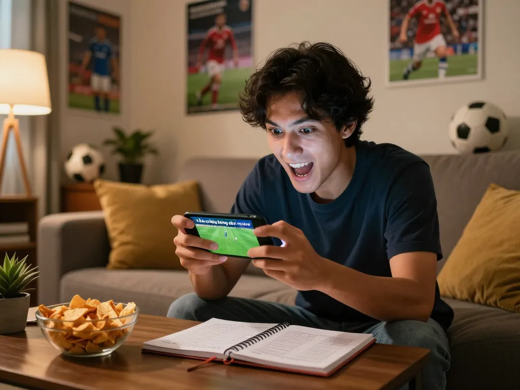 Exciting sports fan engaged in Trực tiếp bóng đá socolive while analyzing betting strategies and enjoying snacks.