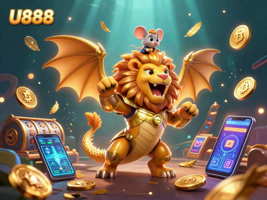 Experience the excitement of U888 with a triumphant chimera and cryptocurrency elements in this casino-themed illustration.