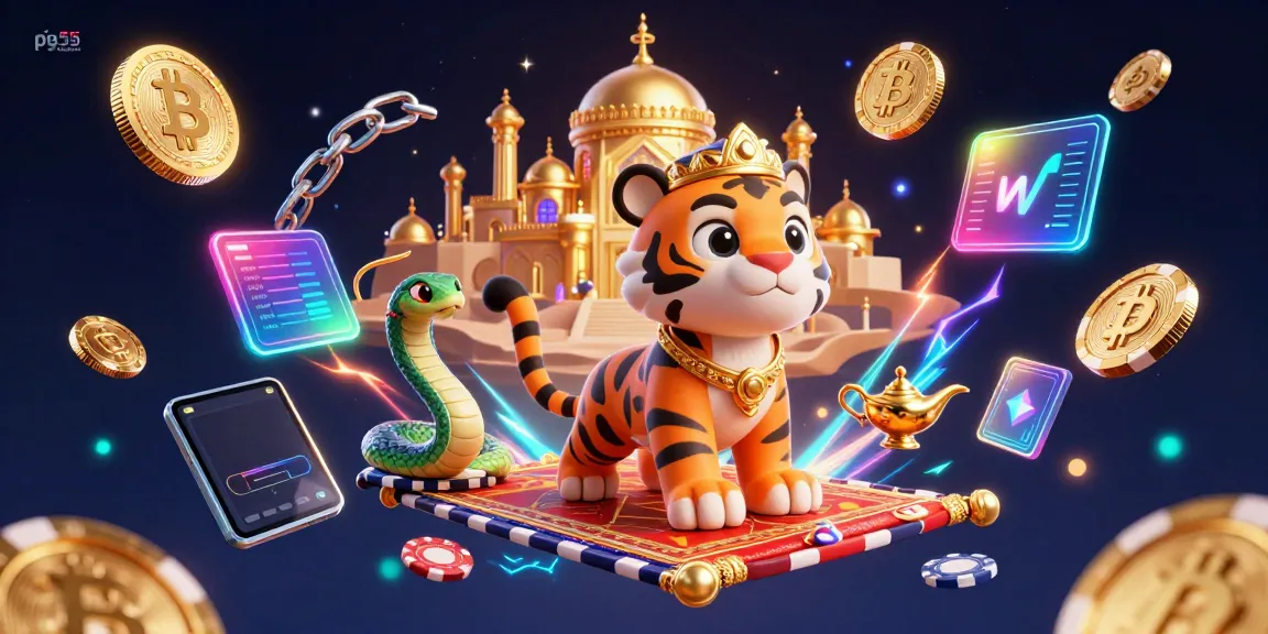 Experience the excitement at pg55 trang chủ with a vibrant Arabian Nights-themed scene featuring exotic characters and crypto elements.