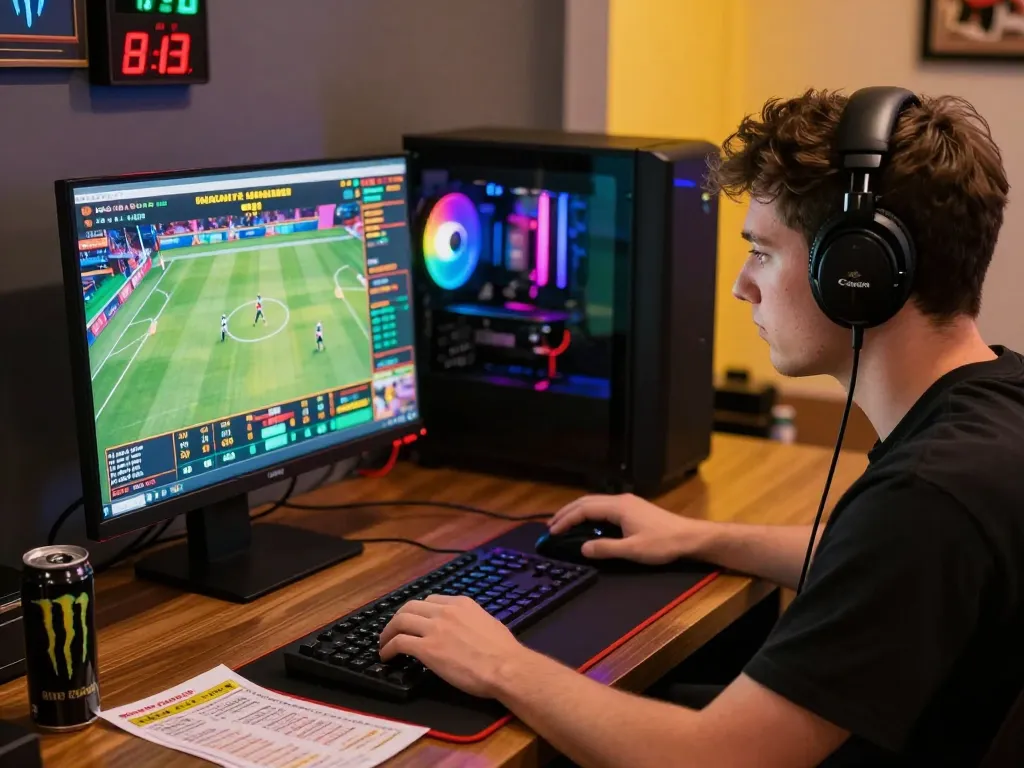 Player engaged in live betting on man88, surrounded by sports icons and digital excitement.