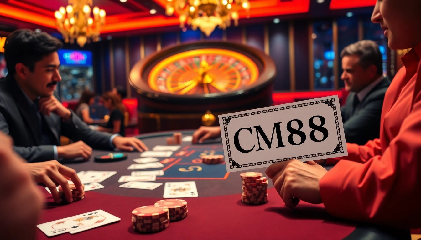 Players at a high-stakes poker table experiencing excitement at CM88 casino.