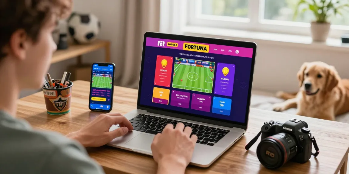 Excited player engaging with fortuna juegos online betting, laptop and sports memorabilia in a cozy home.