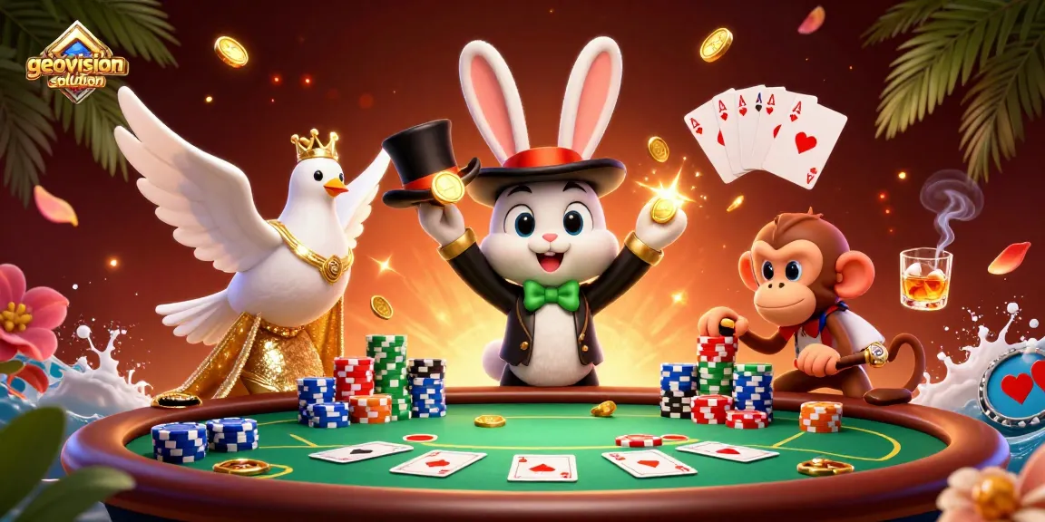 Experience thrilling wins at geovision-solution with 3D cartoon characters enjoying poker chips and coins