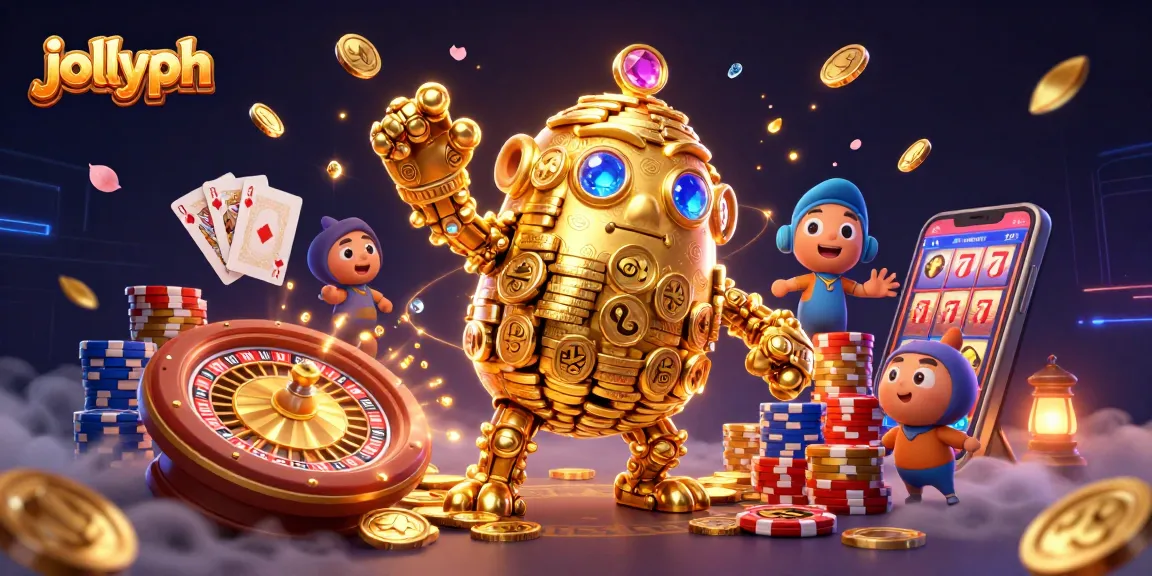 Engage with jollyph's thrilling gaming experience featuring a golden golem surrounded by casino elements.
