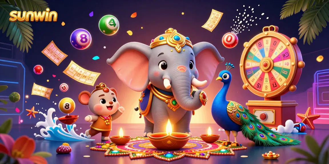 Engage in exciting lottery games with sunwin, illustrated with a vibrant 3D elephant and peacock.