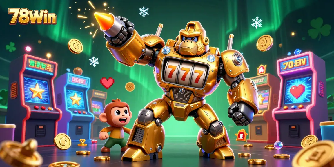 Engage with 78Win's exhilarating casino experience amidst vibrant 3D game elements and a striking golden mech.