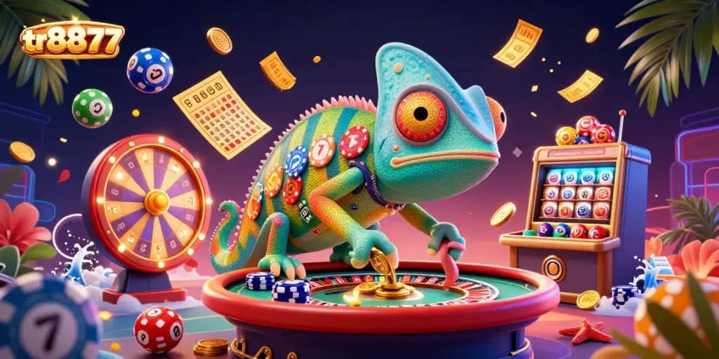 Engage with the vibrant tr8877 casino scene featuring a charming chameleon character and dynamic lottery elements.