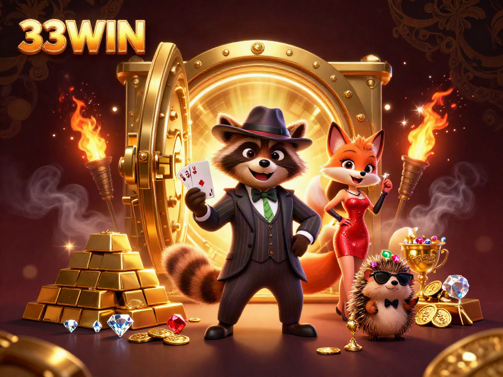 Experience the thrill of 33WIN with suave raccoon and friends in a vibrant casino scene.
