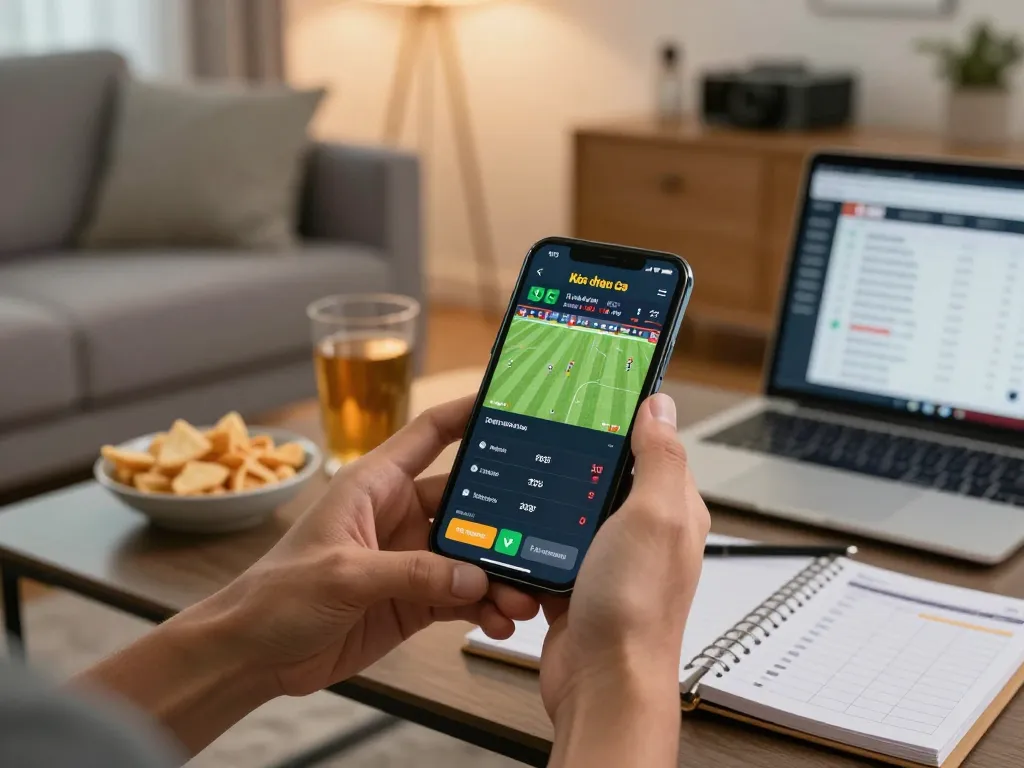 Engaging user betting on live kèo nhà cái through a sports app while enjoying a casual home setup.