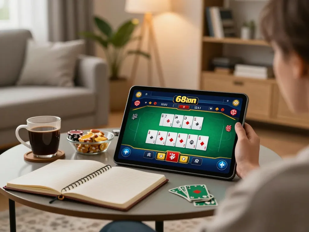 Pemain terlarut dalam permainan poker online 68idn di tablet di suasana ruang tamu yang nyaman, memamerkan permainan yang bertanggung jawab.