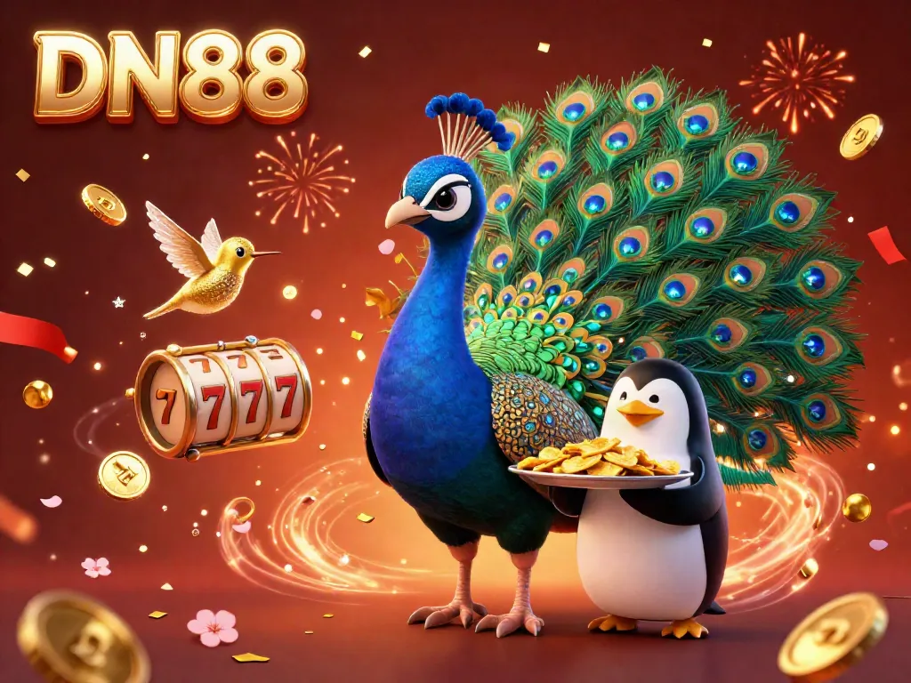 Experience exciting gameplay at DN88 with a vibrant 3D casino scene filled with winning symbols and festive decorations.