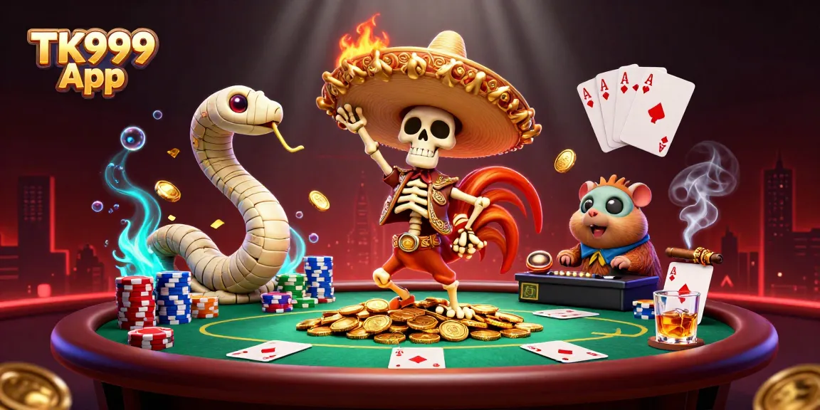Experience excitement with the TK999 App as the mariachi rooster celebrates wins in a vibrant casino scene.