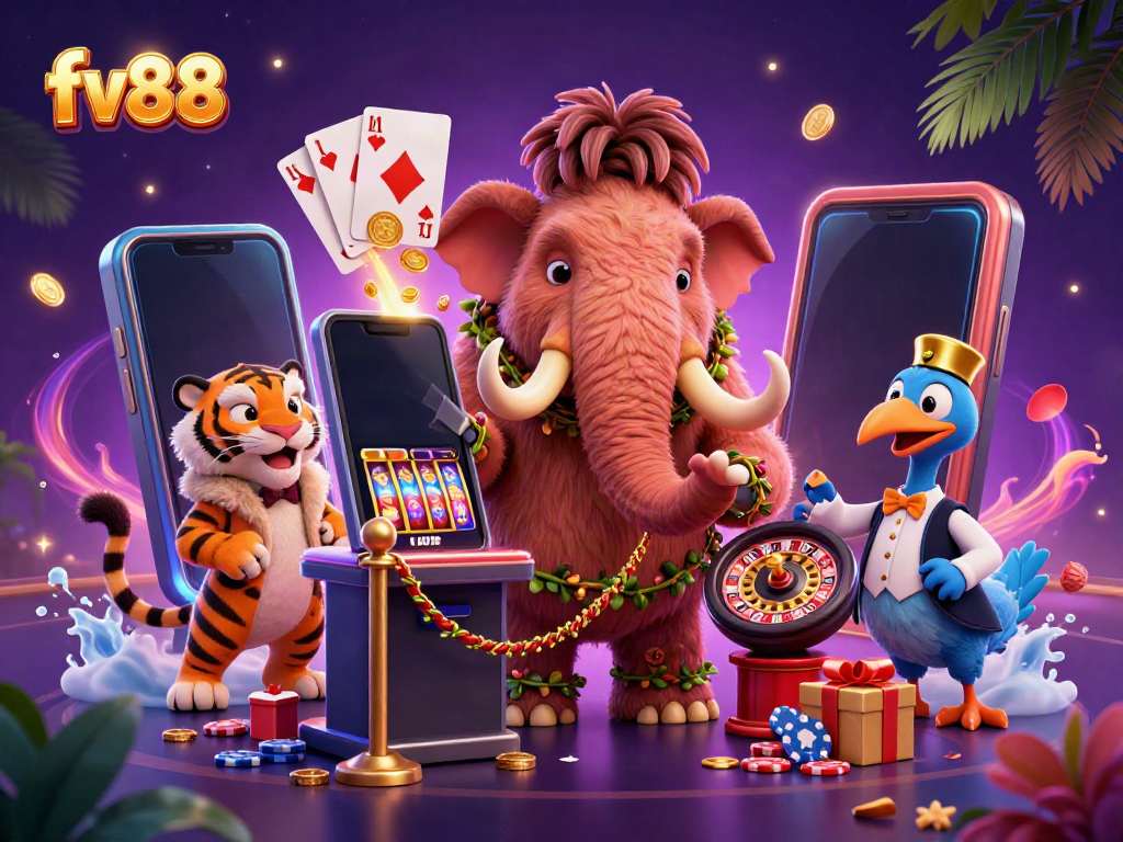 Experience the fun of casino gaming with fv88, featuring vibrant characters and dynamic slot elements.